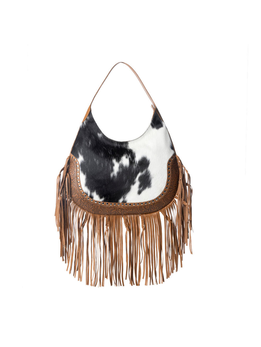 Leather Bag for Women in brown with fringe and embossed detail